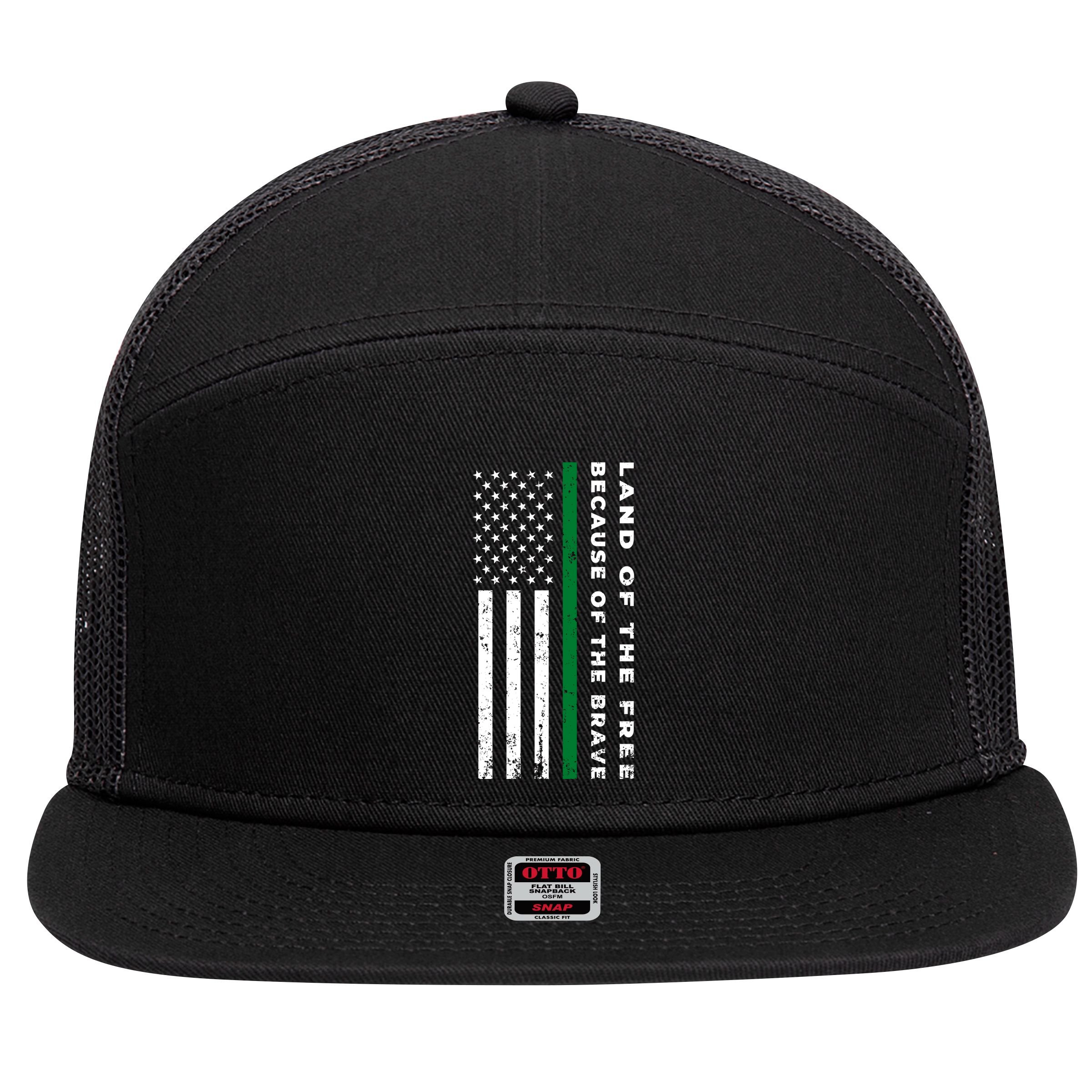 Thin Green Line Land Of The Free Because Of The Brave Gift 7 Panel Mesh Trucker Snapback Hat