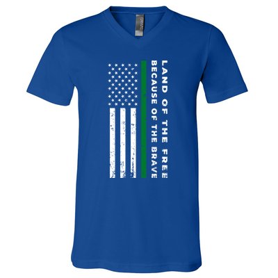 Thin Green Line Land Of The Free Because Of The Brave Funny Gift V-Neck T-Shirt