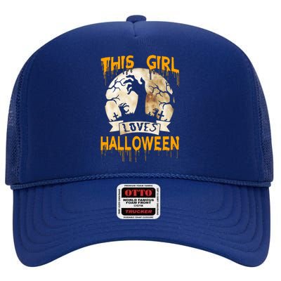 This Girl Loves Halloween Funny Costume High Crown Mesh Back Trucker Hat