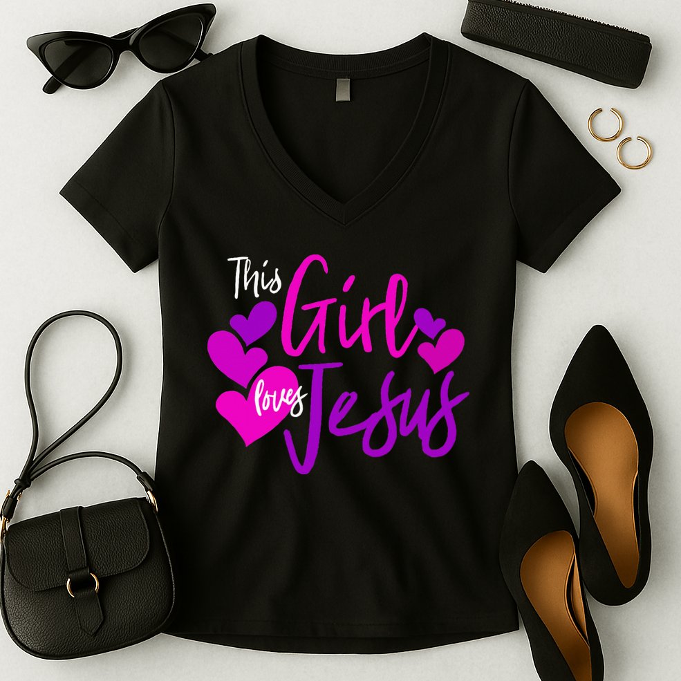 This Girl Loves Jesus Hearts Christian  Women's V-Neck T-Shirt