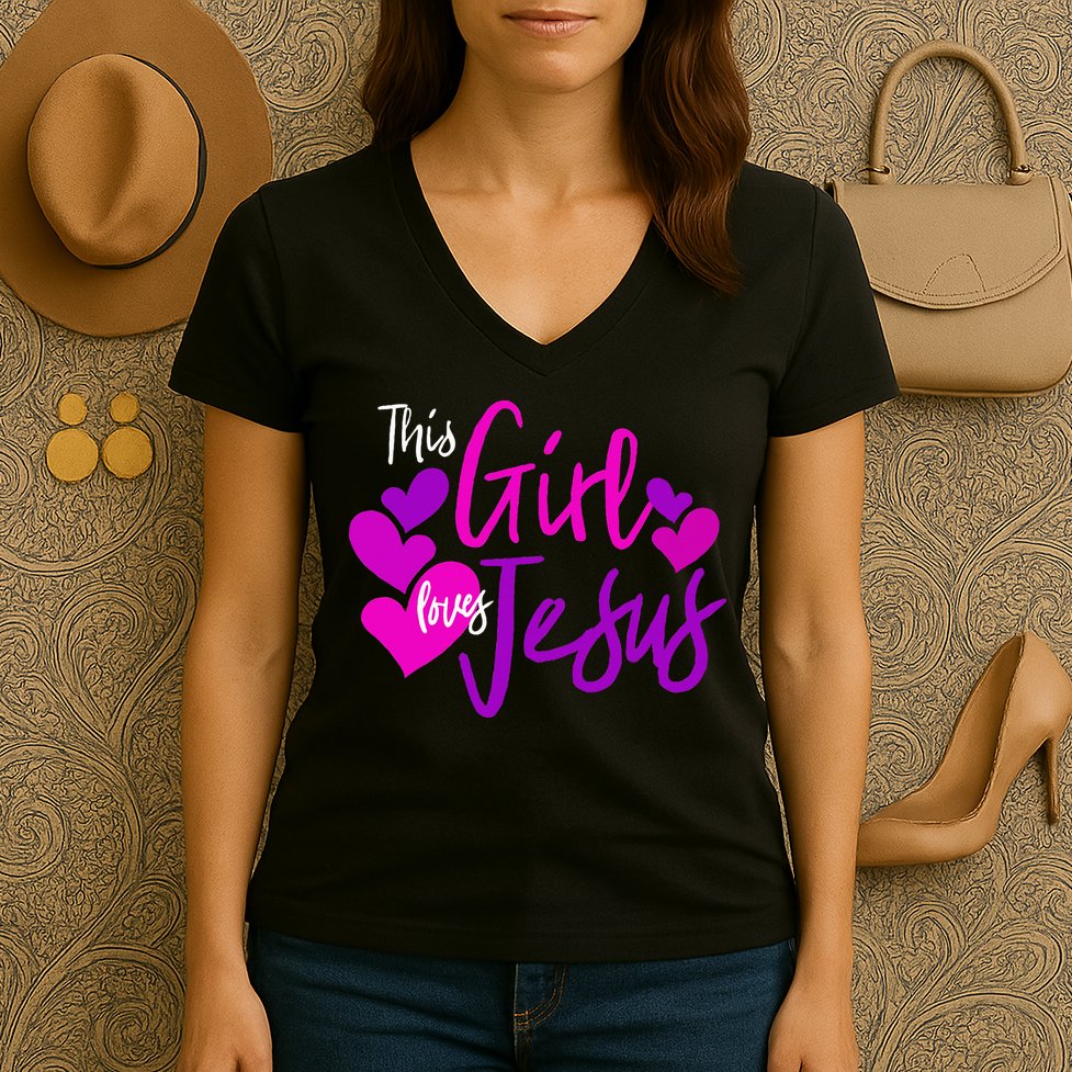 This Girl Loves Jesus Hearts Christian  Women's V-Neck T-Shirt