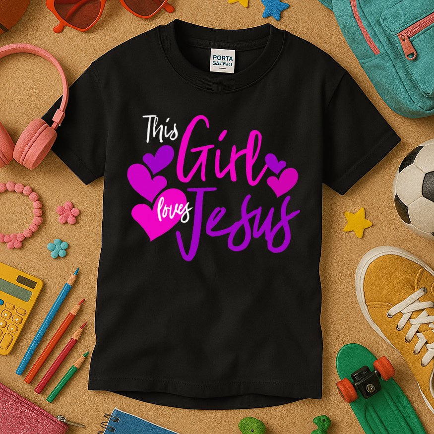 This Girl Loves Jesus Hearts Christian  Kids T-Shirt