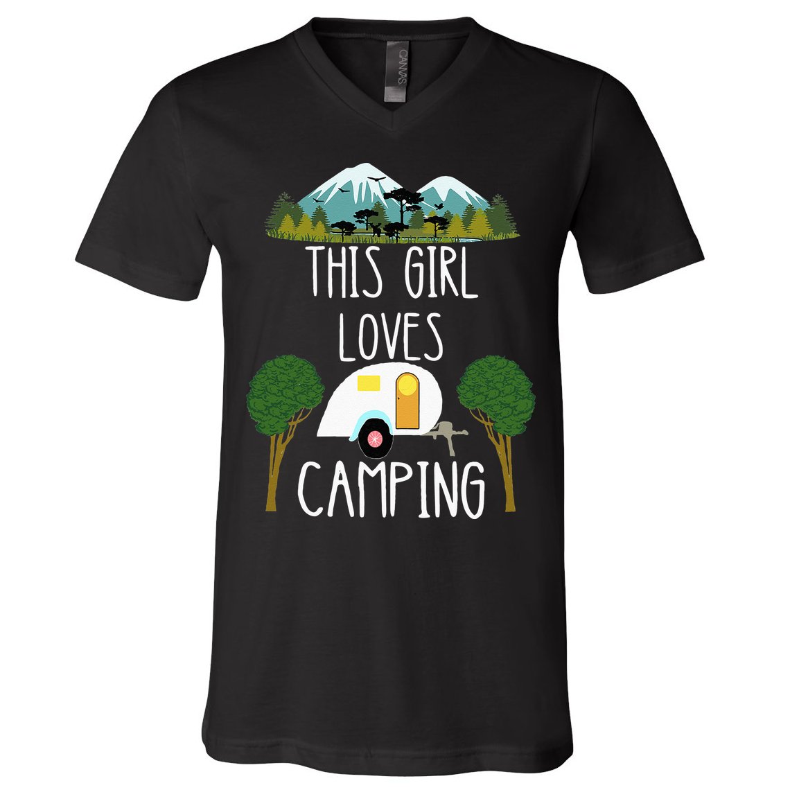 This Girl Loves Camping RV Teardrop Trailer Camper Caravan V-Neck T-Shirt