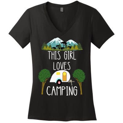 This Girl Loves Camping RV Teardrop Trailer Camper Caravan Women's V-Neck T-Shirt