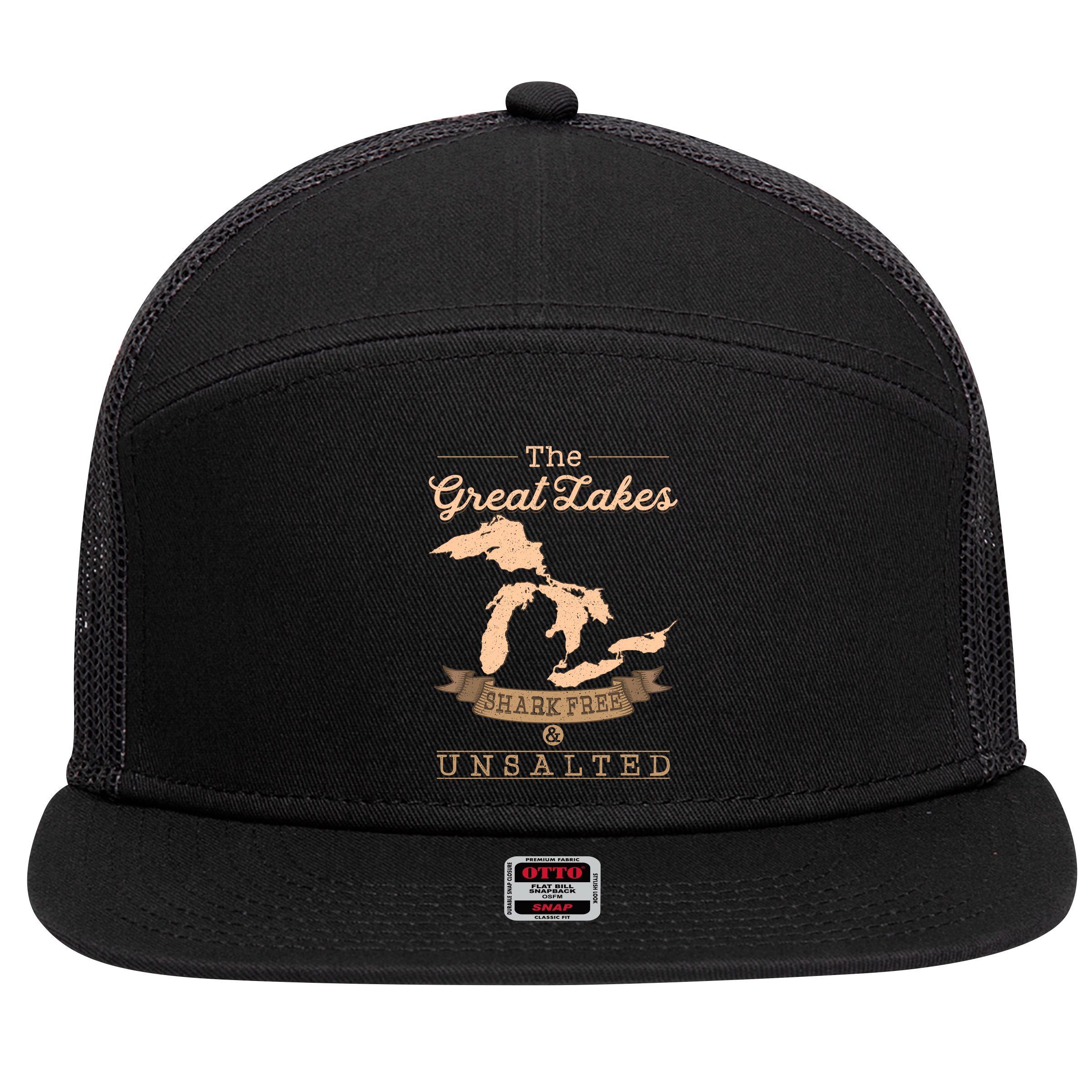 The Great Lakes Shark Free Unsalted Michigan Gift 7 Panel Mesh Trucker Snapback Hat