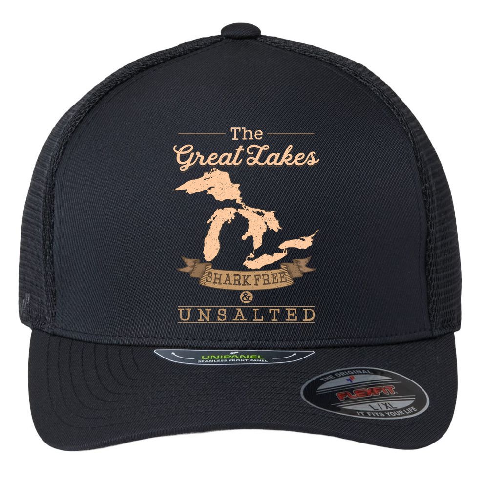 The Great Lakes Shark Free Unsalted Michigan Gift Flexfit Unipanel Trucker Cap