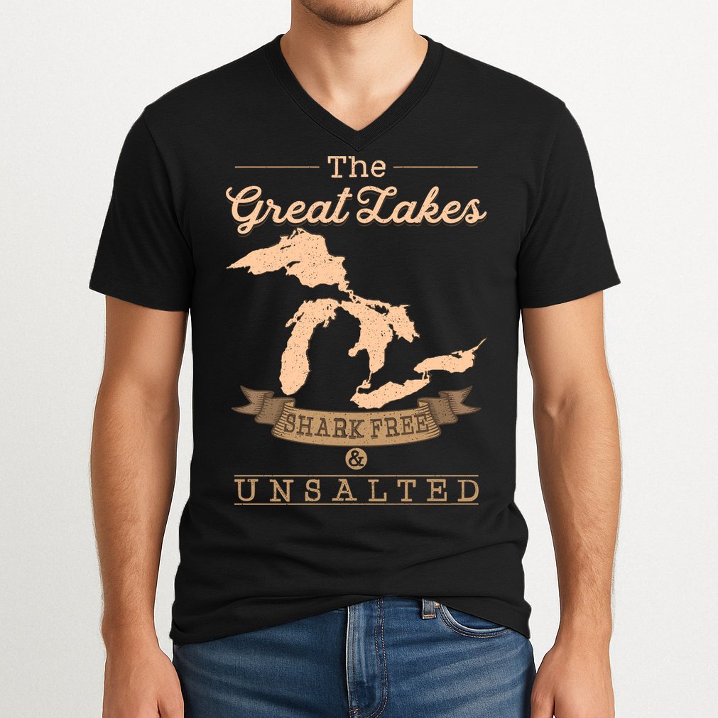 The Great Lakes Shark Free Unsalted Michigan Gift V-Neck T-Shirt