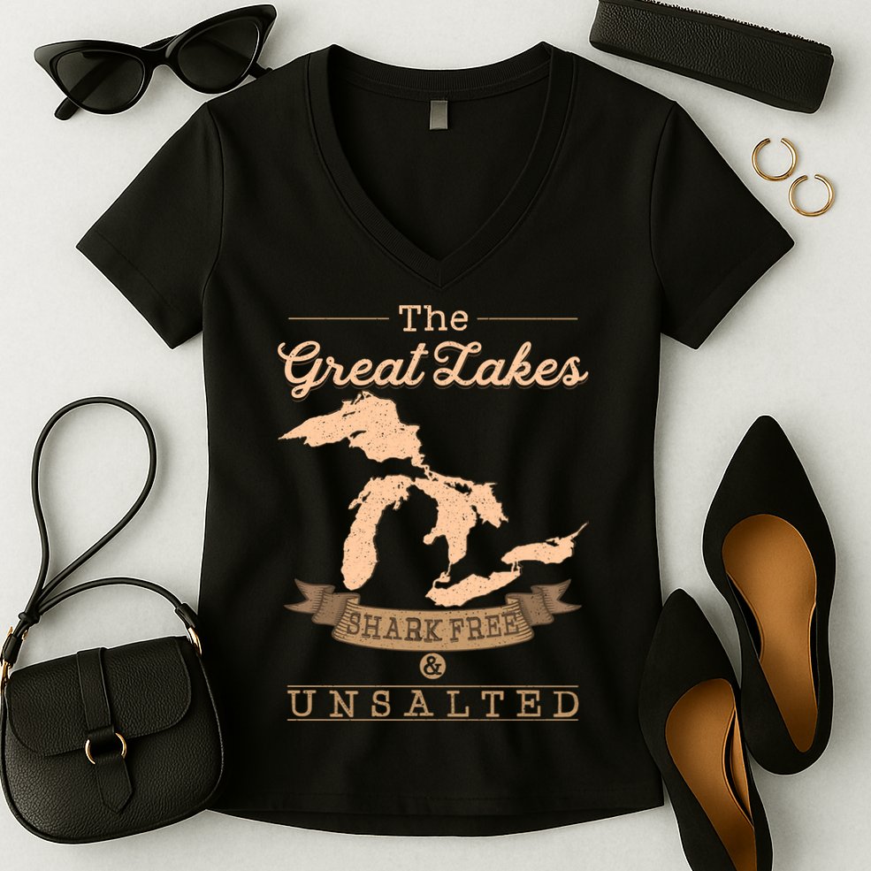 The Great Lakes Shark Free Unsalted Michigan Gift Women's V-Neck T-Shirt