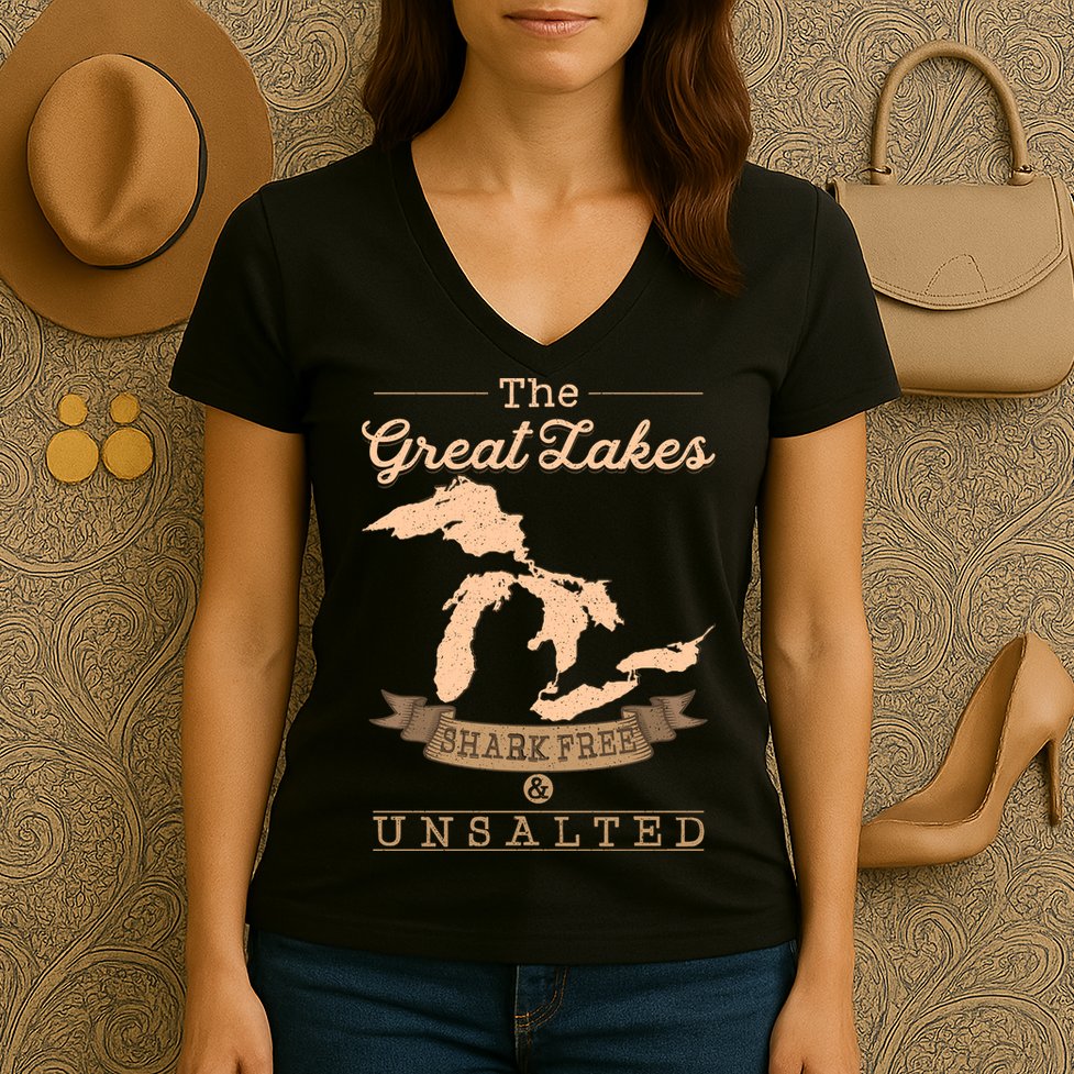 The Great Lakes Shark Free Unsalted Michigan Gift Women's V-Neck T-Shirt