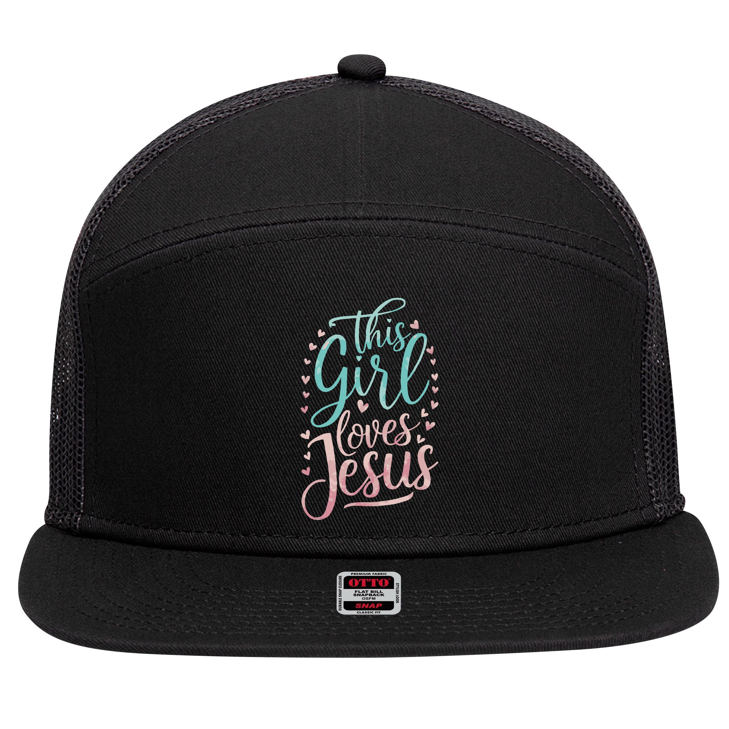 This Girl Loves Jesus 7 Panel Mesh Trucker Snapback Hat