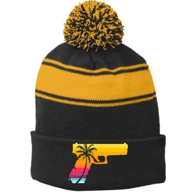 Tropical Gun Lover Firearm Beach Cute Hawaiian Gift Aloha Stripe Pom Pom Beanie