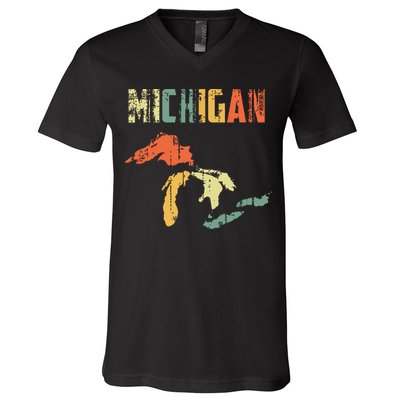 The Great Lakes Largest Water Retro Color Michigan Mi Pride V-Neck T-Shirt