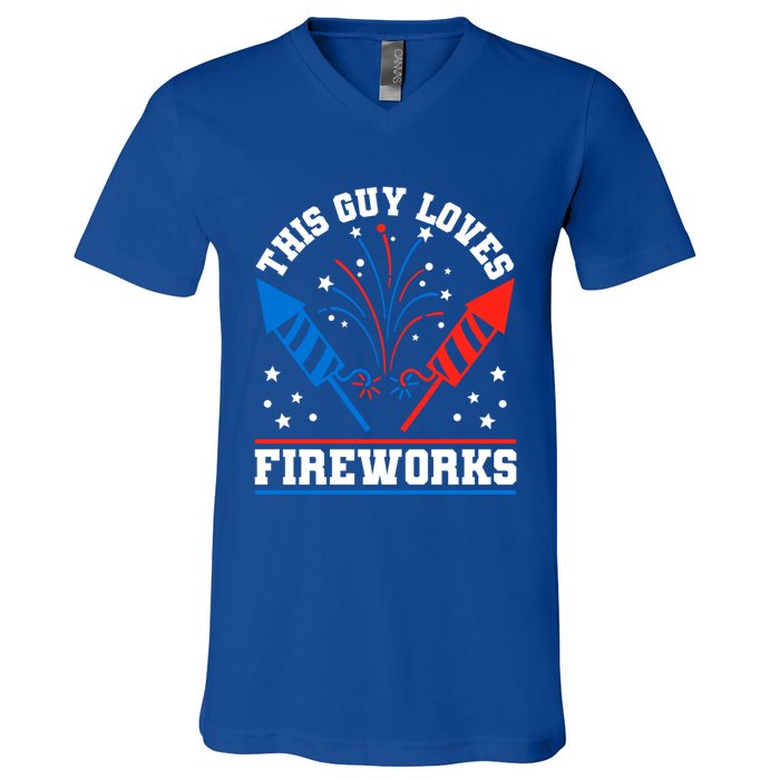 This Guy Loves Fireworks Firecrackers 4th Of July Gift V-Neck T-Shirt