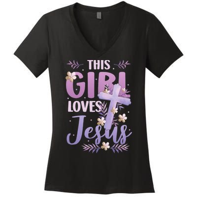 This Girl Loves Jesus Cute Christian Girl Jesus Women's V-Neck T-Shirt
