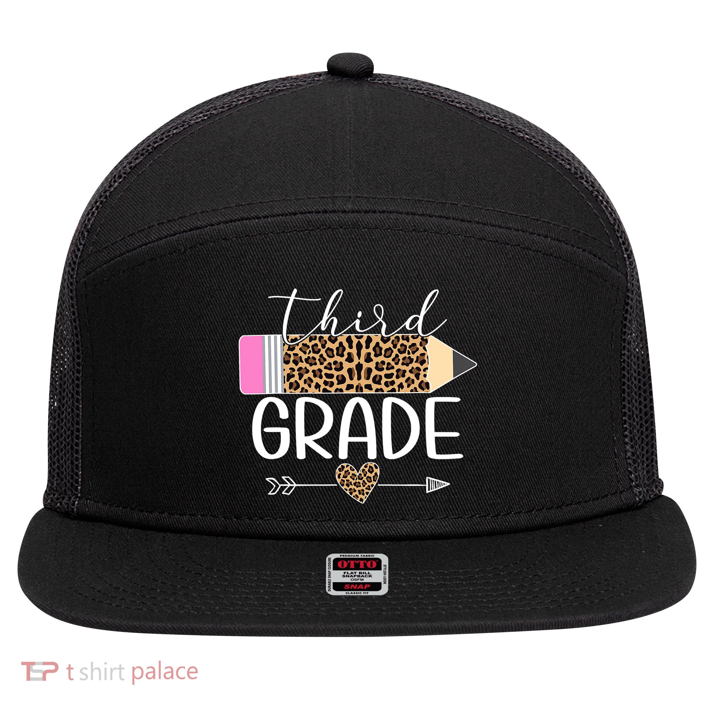 Third Grade Leopard Pencil Back To School Teachers 7 Panel Mesh Trucker Snapback Hat