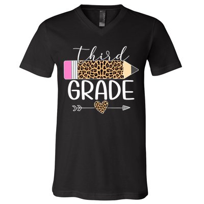 Third Grade Leopard Pencil Back To School Teachers V-Neck T-Shirt