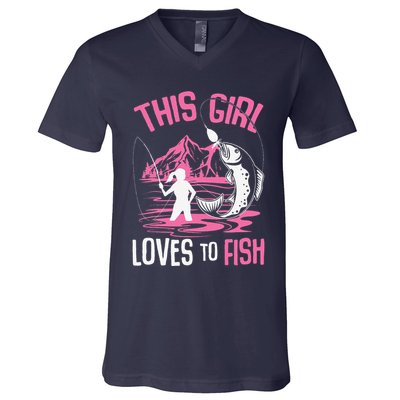 This Girl Loves To Fish Fishing Girl V-Neck T-Shirt