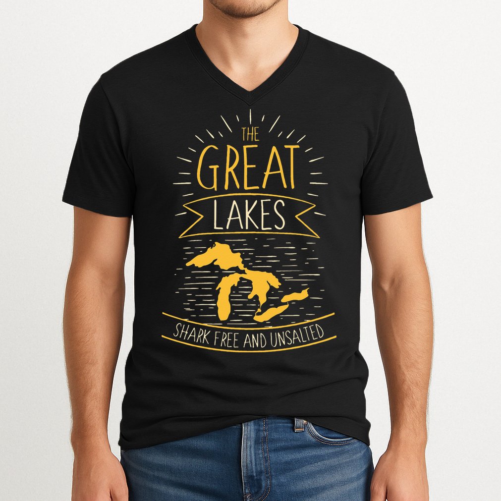 The Great Lakes Shark Free Unsalted Michigan Gift V-Neck T-Shirt