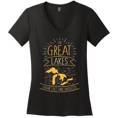 The Great Lakes Shark Free Unsalted Michigan Gift Women's V-Neck T-Shirt