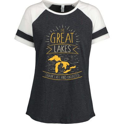 The Great Lakes Shark Free Unsalted Michigan Gift Enza Ladies Jersey Colorblock Tee