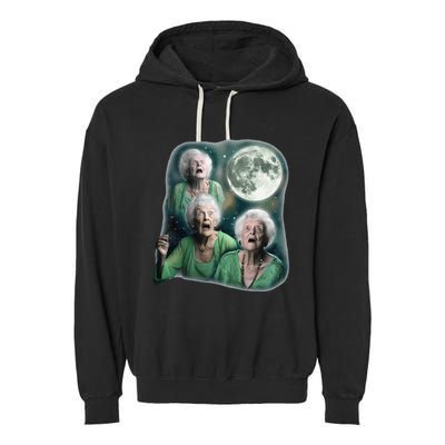 Three Granny Moon 3 Old Ladys Howling Weird Cursed Meme Garment-Dyed Fleece Hoodie