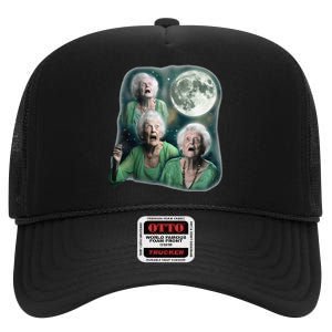 Three Granny Moon 3 Old Ladys Howling Weird Cursed Meme High Crown Mesh Back Trucker Hat