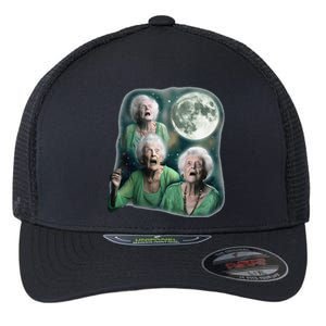 Three Granny Moon 3 Old Ladys Howling Weird Cursed Meme Flexfit Unipanel Trucker Cap