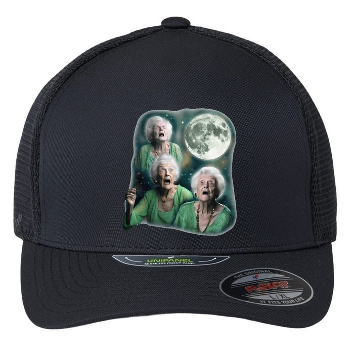 Three Granny Moon 3 Old Ladys Howling Weird Cursed Meme Flexfit Unipanel Trucker Cap