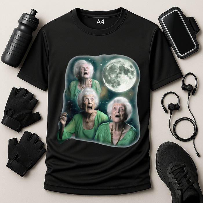 Three Granny Moon 3 Old Ladys Howling Weird Cursed Meme Cooling Performance Crew T-Shirt