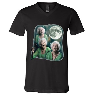 Three Granny Moon 3 Old Ladys Howling Weird Cursed Meme V-Neck T-Shirt