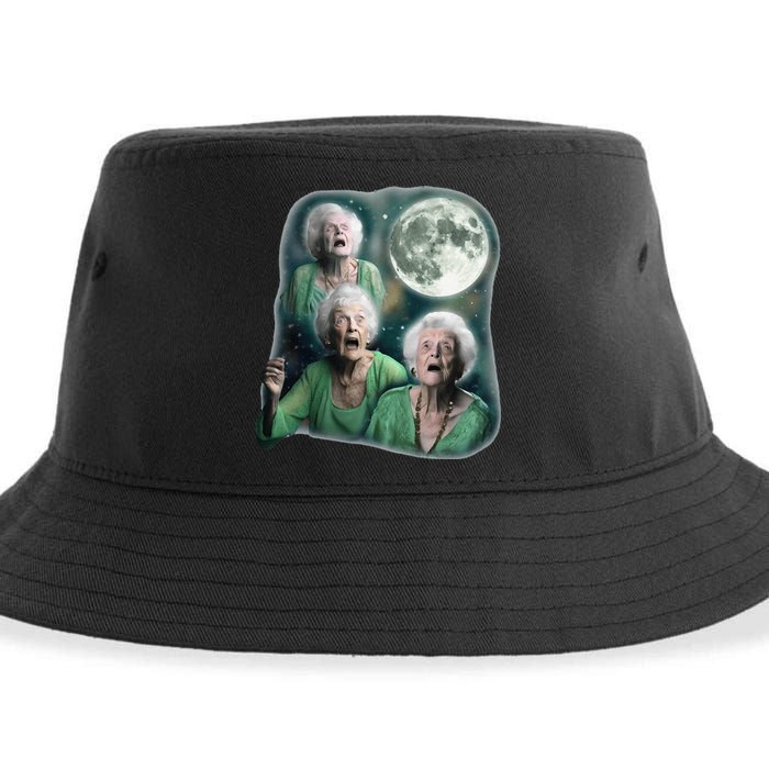 Three Granny Moon 3 Old Ladys Howling Weird Cursed Meme Sustainable Bucket Hat