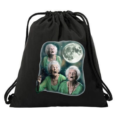 Three Granny Moon 3 Old Ladys Howling Weird Cursed Meme Drawstring Bag