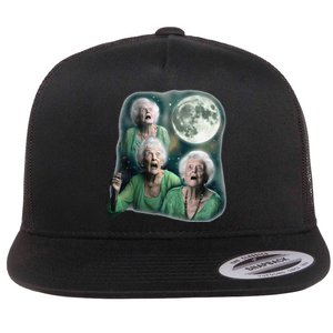 Three Granny Moon 3 Old Ladys Howling Weird Cursed Meme Flat Bill Trucker Hat