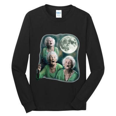 Three Granny Moon 3 Old Ladys Howling Weird Cursed Meme Tall Long Sleeve T-Shirt