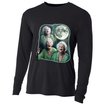Three Granny Moon 3 Old Ladys Howling Weird Cursed Meme Cooling Performance Long Sleeve Crew