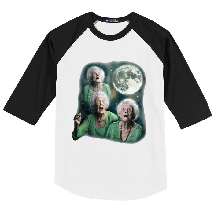 Three Granny Moon 3 Old Ladys Howling Weird Cursed Meme Baseball Sleeve Shirt
