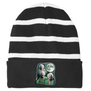 Three Granny Moon 3 Old Ladys Howling Weird Cursed Meme Striped Beanie with Solid Band