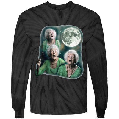 Three Granny Moon 3 Old Ladys Howling Weird Cursed Meme Tie-Dye Long Sleeve Shirt