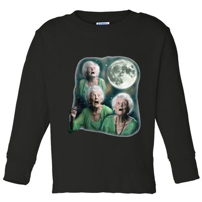 Three Granny Moon 3 Old Ladys Howling Weird Cursed Meme Toddler Long Sleeve Shirt