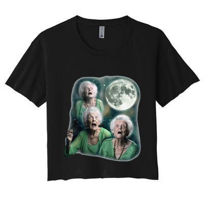 Three Granny Moon 3 Old Ladys Howling Weird Cursed Meme Crop Top