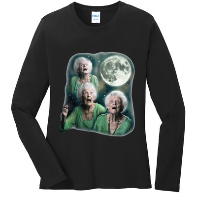 Three Granny Moon 3 Old Ladys Howling Weird Cursed Meme Ladies Long Sleeve Shirt