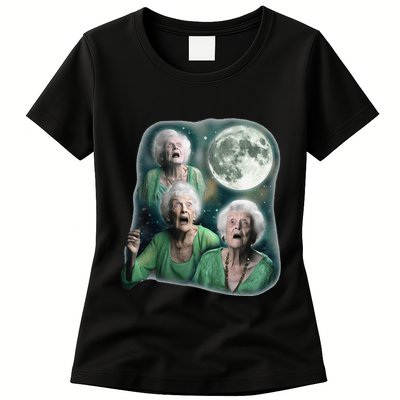 Three Granny Moon 3 Old Ladys Howling Weird Cursed Meme Womens T-Shirt