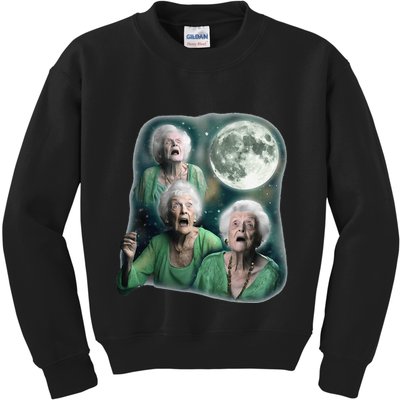 Three Granny Moon 3 Old Ladys Howling Weird Cursed Meme Kids Sweatshirt