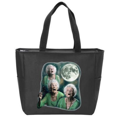 Three Granny Moon 3 Old Ladys Howling Weird Cursed Meme Zip Tote Bag
