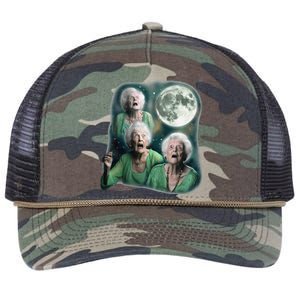 Three Granny Moon 3 Old Ladys Howling Weird Cursed Meme Retro Rope Trucker Hat Cap