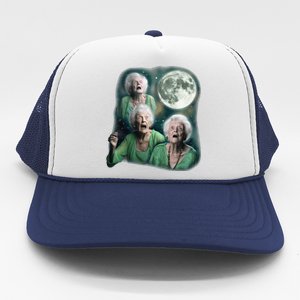 Three Granny Moon 3 Old Ladys Howling Weird Cursed Meme Trucker Hat