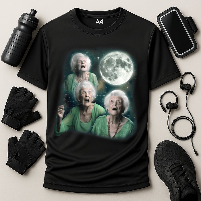 Three Granny Moon 3 Old Ladys Howling Weird Cursed Meme Cooling Performance Crew T-Shirt