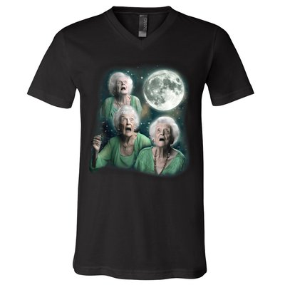 Three Granny Moon 3 Old Ladys Howling Weird Cursed Meme V-Neck T-Shirt