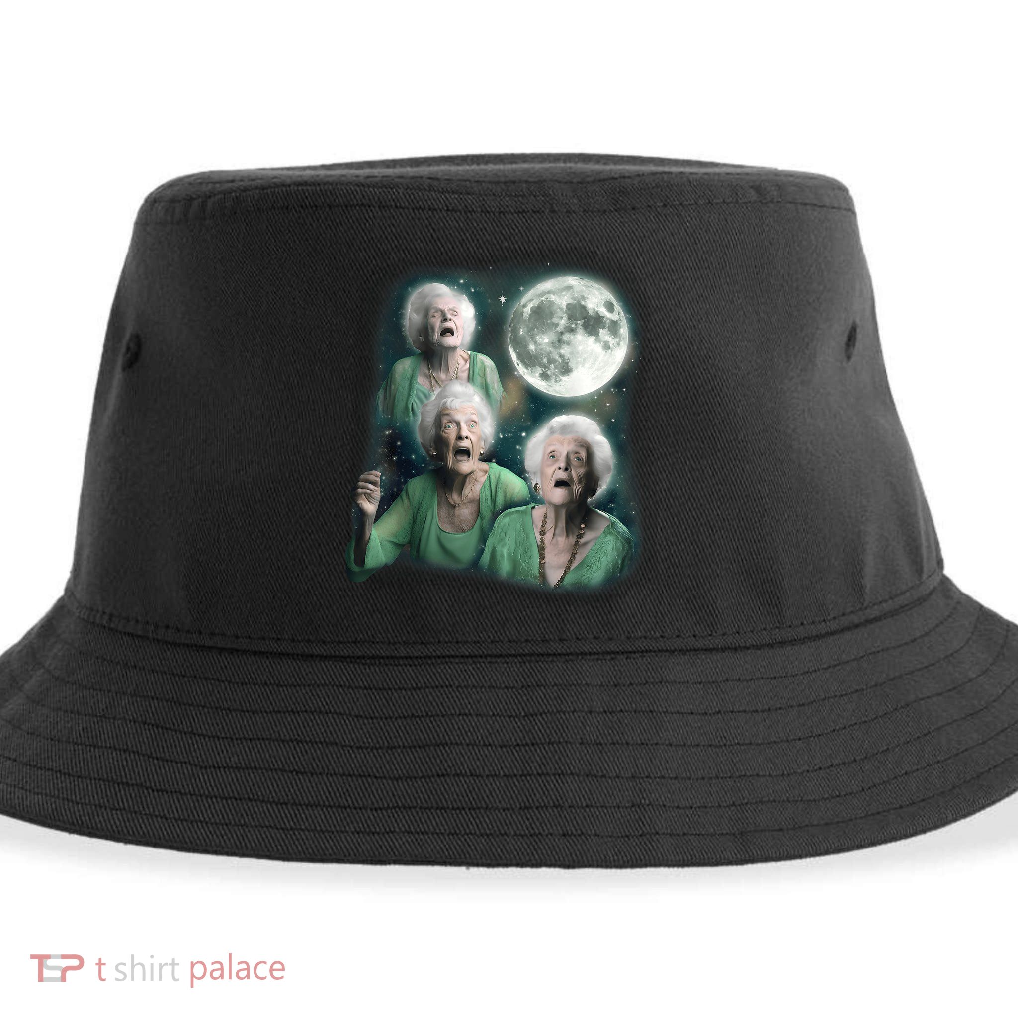 Three Granny Moon 3 Old Ladys Howling Weird Cursed Meme Sustainable Bucket Hat