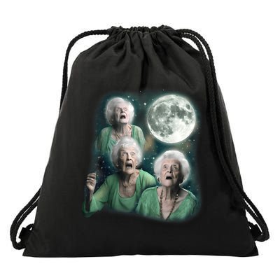 Three Granny Moon 3 Old Ladys Howling Weird Cursed Meme Drawstring Bag